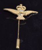 A 9ct gold RAF pin set with diamonds, 3.8g, 4cm long