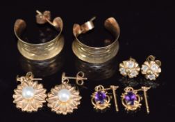 Four pairs of 9ct gold earrings set with pearls, amethyst and paste, 5.7g
