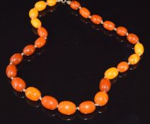 A single strand of twenty six Baltic amber graduated oval beads, largest bead 12mm x 17mm, 25.4g