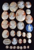 A collection of loose cameos including Victorian, volcano, miniature and Wedgwood, etc, largest 4