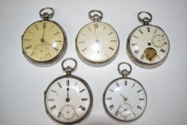 Five hallmarked silver open faced pocket watches including James Fenno of Lowell Massachusetts,