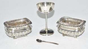 Pair of Victorian hallmarked silver open salts with clear glass liners, Chester 1899, maker James