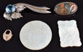 Victorian silver brooch set with moss agate, silver brooch, 9ct gold heart padlock (1g) and two