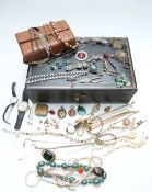 A collection of costume jewellery including filigree, 9ct gold earrings set with a pearl to each,