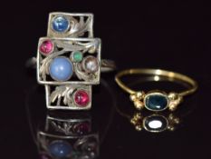 Arts & Crafts silver ring set with a sapphire, rubies, emerald and amethyst (size R) and a 9ct
