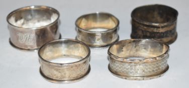 Five various hallmarked silver napkin rings, weight 63g