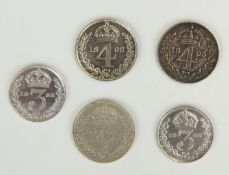 Maundy coins comprising four veiled head Queen Victoria 4d; 1895 4d; 1898 3d; 1899 and 1900 3d