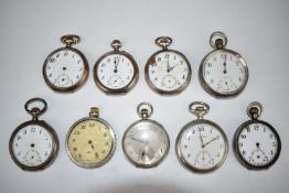 Nine hallmarked and other silver keyless winding open faced pocket watches including Art Deco