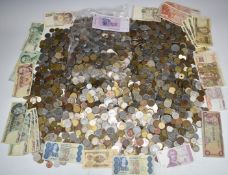 A large quantity of pre Euro etc world coinage, some banknotes, very small silver content, 19thC