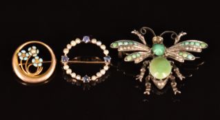 A 9ct gold brooch set with pearls and sapphires, a 9ct gold brooch set with enamel and a pearl (