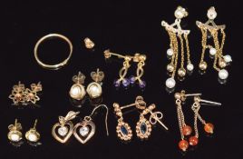 Eight pairs of 9ct gold earrings including sapphire, pearl, etc, 9.7g