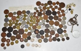 Amateur collection of overseas coinage, 1690 onwards, including 16thC jetons, in a vintage metal
