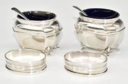 Pair of George V hallmarked silver salts with blue glass liners, Birmingham 1925, maker Cooper