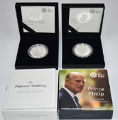 Two Royal Mint silver proof commemorative £5 coins comprising Platinum Wedding and Prince Philip