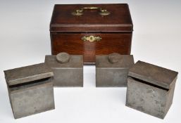 Georgian oak four division tea caddy raised on bracket feet with brass suspension handle, W28 x