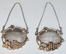 Edward VII pair of hallmarked silver bottle tickets or labels comprising port and sherry, Birmingham