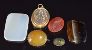 Victorian locket with engraved decoration, Victorian agate brooch, scarab beetle, carnelian agate