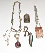Two silver necklaces, one set with rhodonite and the other agate, one ounce fine silver ingot,