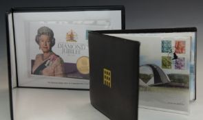 Two Westminster folders, one containing UK silver round pound and stamp covers, the other a gold