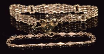 A 9ct gold gate bracelet with heart padlock clasp together with a 9ct rose gold bracelet, 21.5g,