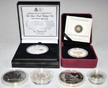 Six coins comprising London Mint silver proof Trafalgar coin, a 2012 'Farewell Adieu' silver Maple