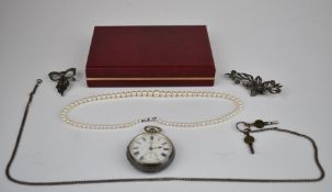 A silver pocket watch, silver chain, two silver and marcasite brooches and a cultured pearl necklace