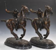 Pair of large bronze polo players on marble plinths, signed Joe to base, height 66cm, length from