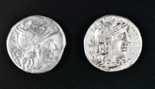 Roman Republic silver Denarius Opimius 131 BC, together with C Renus example 138BC, both F
