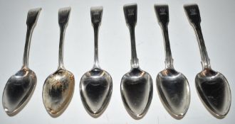 Georgian harlequin set of six hallmarked silver Fiddle and Thread pattern dessert spoons, three