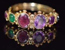Victorian yellow metal 'regard' ring set with a ruby, emerald, garnet, amethyst, ruby and diamond,