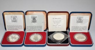 Four Royal Mint silver proof Royal commemorative crowns to include Falkland Islands and Guernsey, in