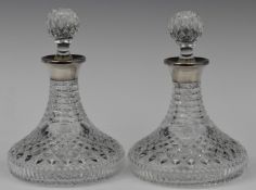 Pair of Waterford Crystal style feature hallmarked silver mounted novelty miniature cut glass ship's