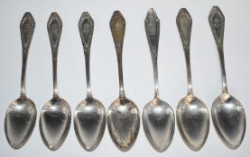 M Stumpf & Sohn set of seven German silver dessert spoons, with 800 grade silver marks, length 21cm,