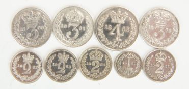 A collection of Victorian Maundy coins including 1863 1d, 2d and 4d, 1861 2d and 1901 2d, together