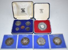 Brunei cased silver $10 coin together with four silver Malaysian ringgit coins and cased Brunei set