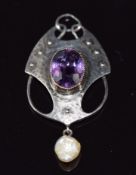 Arts & Crafts hammered silver pendant set with an oval cut amethyst and drop pearl, marked MB for