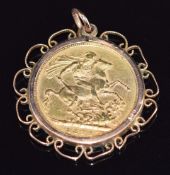 An 1892 gold full sovereign in 9ct gold pendant mount, 10g
