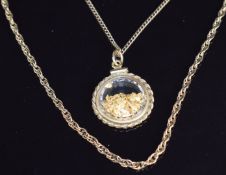 Two 9ct gold chains/ necklaces (9.8g) and a rolled gold locket set with sections of gold pieces