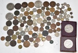A collection of coins including Roman, Middle Eastern, George II, some silver content, two 1951