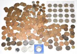A quantity of pre decimal UK coinage including a provincial 1790 halfpenny token, modern crowns etc