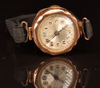 Unnamed 9ct gold ladies wristwatch with blued Breguet hands, black Arabic numerals, silver dial