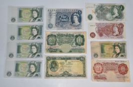 A small collection of UK banknotes to include JB Page £5, LK O'Brien 10 shillings Britannia version,