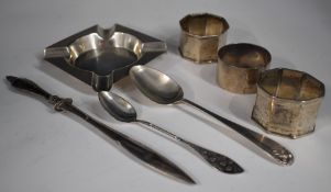 Three various hallmarked silver napkin rings, hallmarked silver ashtray, hallmarked silver