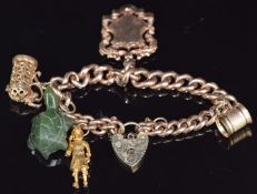A 9ct rose gold curb link charm bracelet with gold plated charm, two 9ct gold charms, jade turtle,