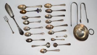 Georgian and later hallmarked silver cutlery including sugar tongs, bottom hallmarked teaspoon,
