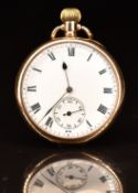 Waltham 9ct gold keyless winding open faced pocket watch with subsidiary seconds dial, blued