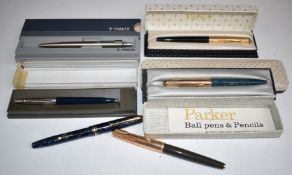 Pens comprising two Parker fountain pens, Burnham No.5 fountain pen and Conway Stewart 73 fountain