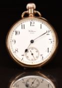 Waltham 9ct gold keyless winding open faced pocket watch with inset subsidiary seconds dial, blued