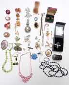 Collection of costume jewellery, Swarovski brooch, Georgian mourning brooch engraved 'Mary Peel