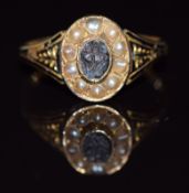 Victorian 15ct gold ring set with an agate cameo of a flower, pearls and black enamel, Birmingham